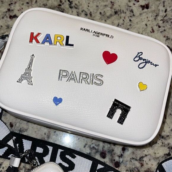 Karl Lagerfeld Maybelle Crossbody Bag Double Zip White With Pins Pouch NWT $228 - Picture 6 of 7